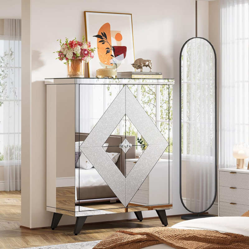 Everly Quinn 31-Inch Shoe Cabinet With Mirrored Doors
